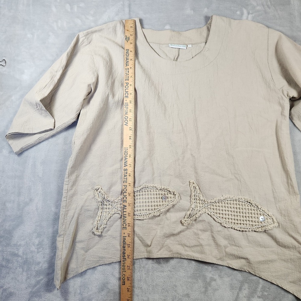 LULU-B Women's Size Large Tan Applique Fish 100% Crinkle Cotton Tunic Top - Picture 4 of 6